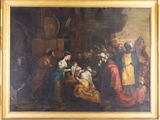 une image représentant un tableau où l'on voit un groupe de personnes rassemblées autour d'une crèche