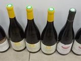 six bottles of wine lined up in a row on a tiled floor