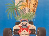 an old poster of a racing car with a city skyline in the background