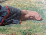 an oil painting of a person laying on the ground with a dog