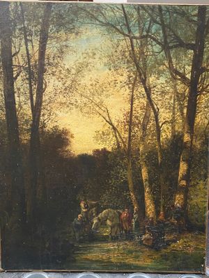 a picture of a painting of a man riding a horse in the woods