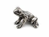 a close up of a silver frog on a white background