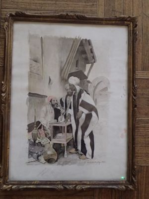 painting of a group of people standing in front of a wooden wall