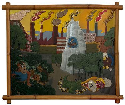 peinture sur un châssis en bambou représentant une ville avec des bâtiments, des arbres et des oiseaux