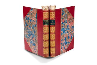 deux livres dans une bibliothèque rouge posée sur une surface blanche