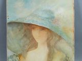 painting of a woman wearing a large hat on a blue background