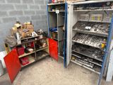 two shelves with tools in a room with concrete walls