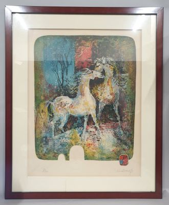 painting of two horses in a field with trees in the background