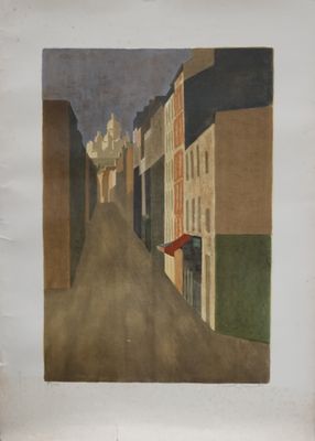 une image représentant une peinture d'une rue bordée de bâtiments de part et d'autre