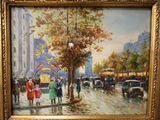 an oil painting of people walking down a street in the rain