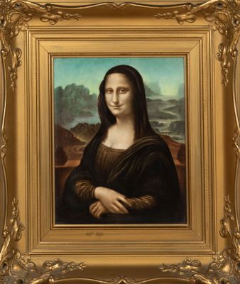 a painting of a woman in a gold frame with mountains in the background
