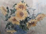 une peinture de tournesols dans un vase sur une table