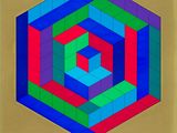 an image of a multicolored hexagonal cube with a red, green, blue and red center