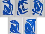 six blue nudes on white paper