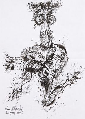 dessin en noir et blanc représentant un homme à cheval, sur lequel on voit des éclaboussures