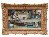 une image représentant un tableau montrant des bateaux dans un port, avec un bâtiment en arrière-plan