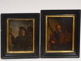 une paire de peintures à l'huile représentant un homme et une femme tenant chacun un verre de vin
