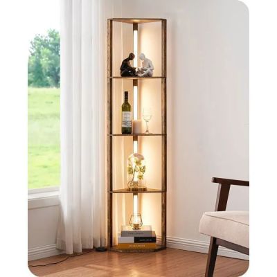 une grande étagère en bois avec des tablettes en verre