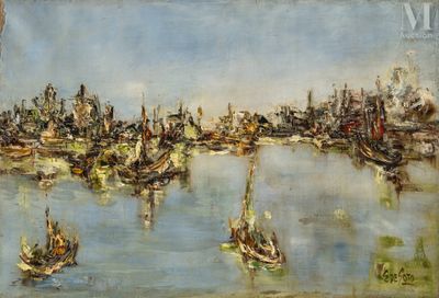 une image représentant un tableau d'un port avec des bateaux sur l'eau