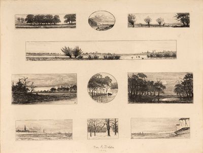 sketches of a landscape with trees, a river, and a boat