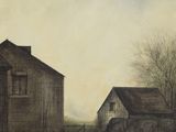 une peinture à l'huile représentant une scène de campagne avec deux granges et une clôture