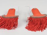 pair of orange tassels with fringes on a white surface