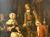 un vieux tableau représentant un homme et une femme debout devant un homme