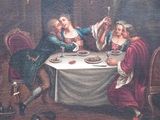a painting of three people sitting at a table eating