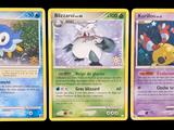 four different pokemon cards are shown in a row on a black background
