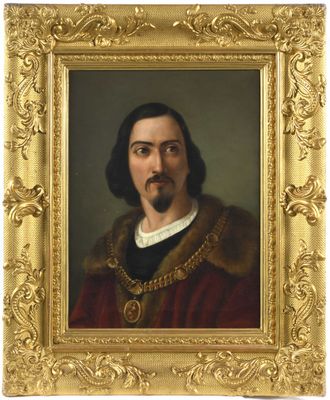 portrait d'un homme en manteau rouge, dans un cadre doré