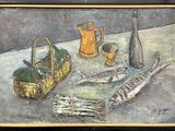 a painting of fish and other items on a table