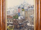 an image of a painting of a city street with a bus in the foreground