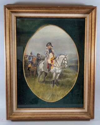 painting of a man riding a horse in a field with other men
