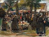 an oil painting of a crowd of people at an outdoor market