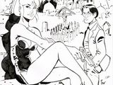 a black and white drawing of a woman sitting on a chair next to a man