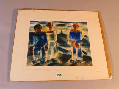 a picture of a painting of two people on the beach