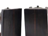pair of black and gold bookends with a lion head on each end