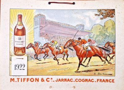 a picture of a picture of a horse race with a bottle of wine