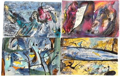 quatre tableaux différents représentant des oiseaux et des arbres sur fond blanc