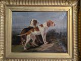 a painting of two dogs standing on a hill