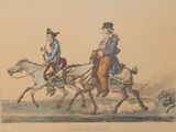 painting of two men riding horses with a dog in the background