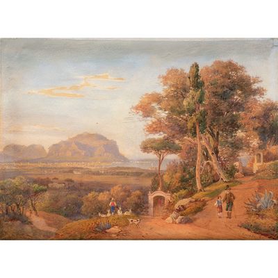 un tableau représentant un paysage avec des personnes et des animaux au premier plan