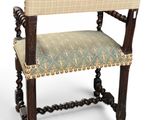 an image of a chair with a blue and white upholstered seat