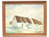 une image représentant un tableau d'une maison au toit de chaume devant laquelle passe une femme