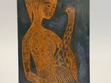 tableau représentant une femme tenant un oiseau sur un chevalet en bois