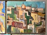 painting of a view of a city with a church in the distance
