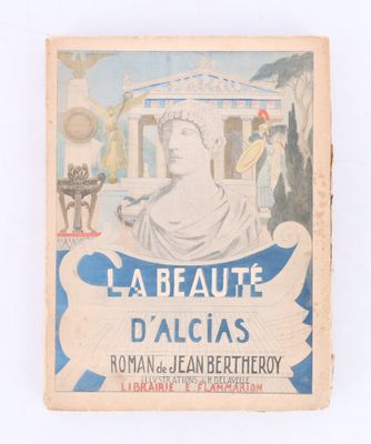 an old book with a picture of a woman and a statue on it