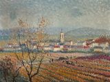 peinture représentant un paysage avec un village au loin et un arbre au premier plan