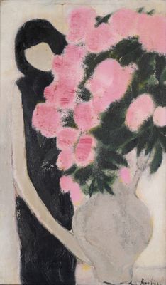 un tableau représentant un vase contenant des fleurs roses