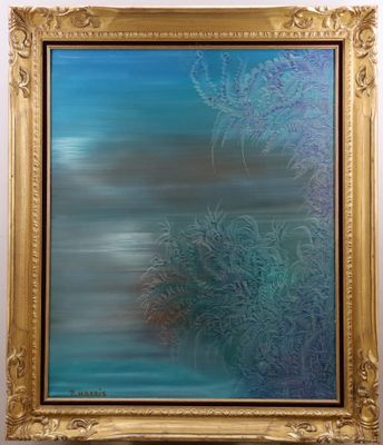 an abstract painting of a tree in a gold frame on a white wall